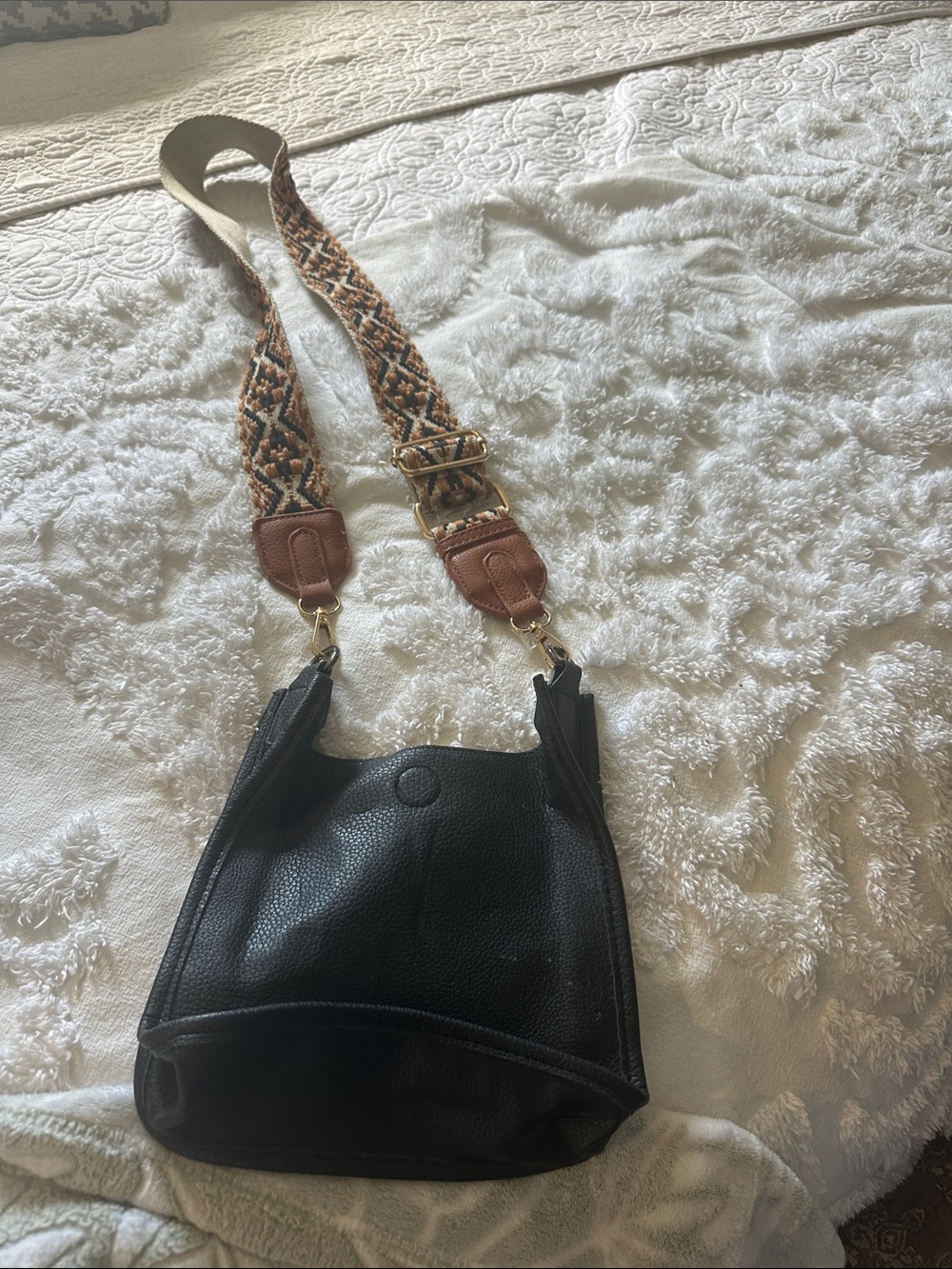 Black Pebbled Crossbody Bag with Patterned Detachable Strap